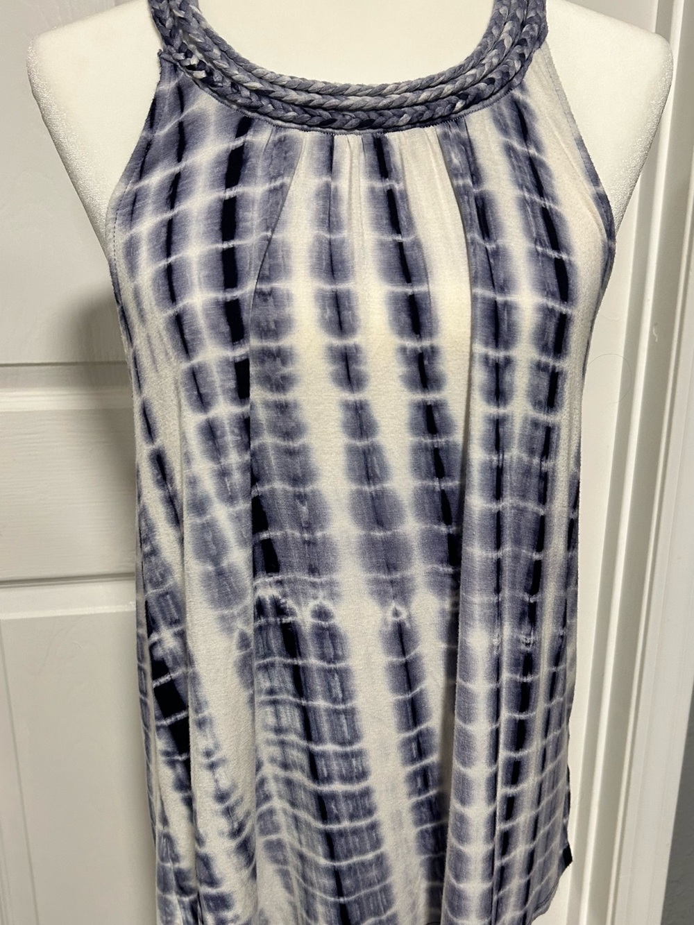 Tie-Dye Halter Tank Top with Braided Neckline in Navy and White